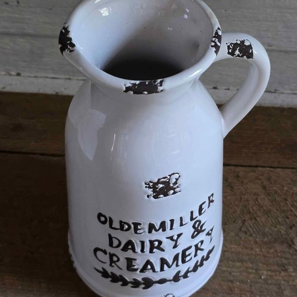 Small White & Brown Ceramic Distressed Milk Pitcher Farmhouse Kitchen Decor - Picture 4 of 9